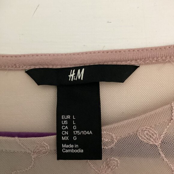 H&M NWOT Dressy Tee Sheer Scalloped Chiffon Yoke and Sleeves Size Large in Taupe - Picture 4 of 5